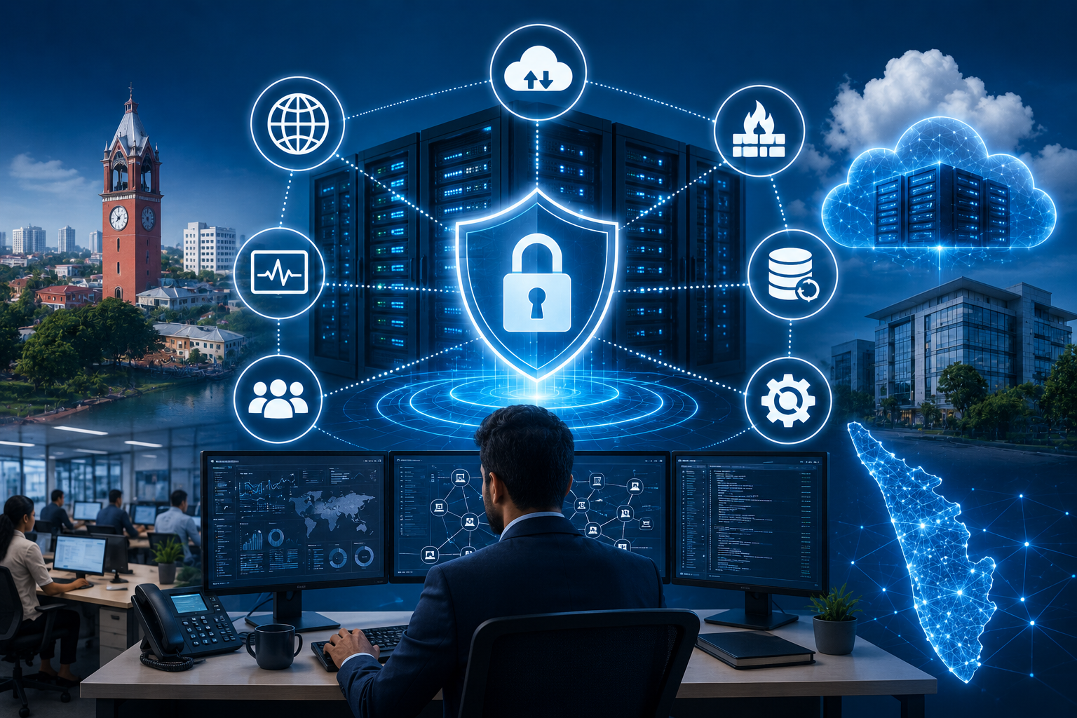 Advanced IT infrastructure management and cybersecurity solutions for businesses in Kerala with cloud networking and server monitoring.