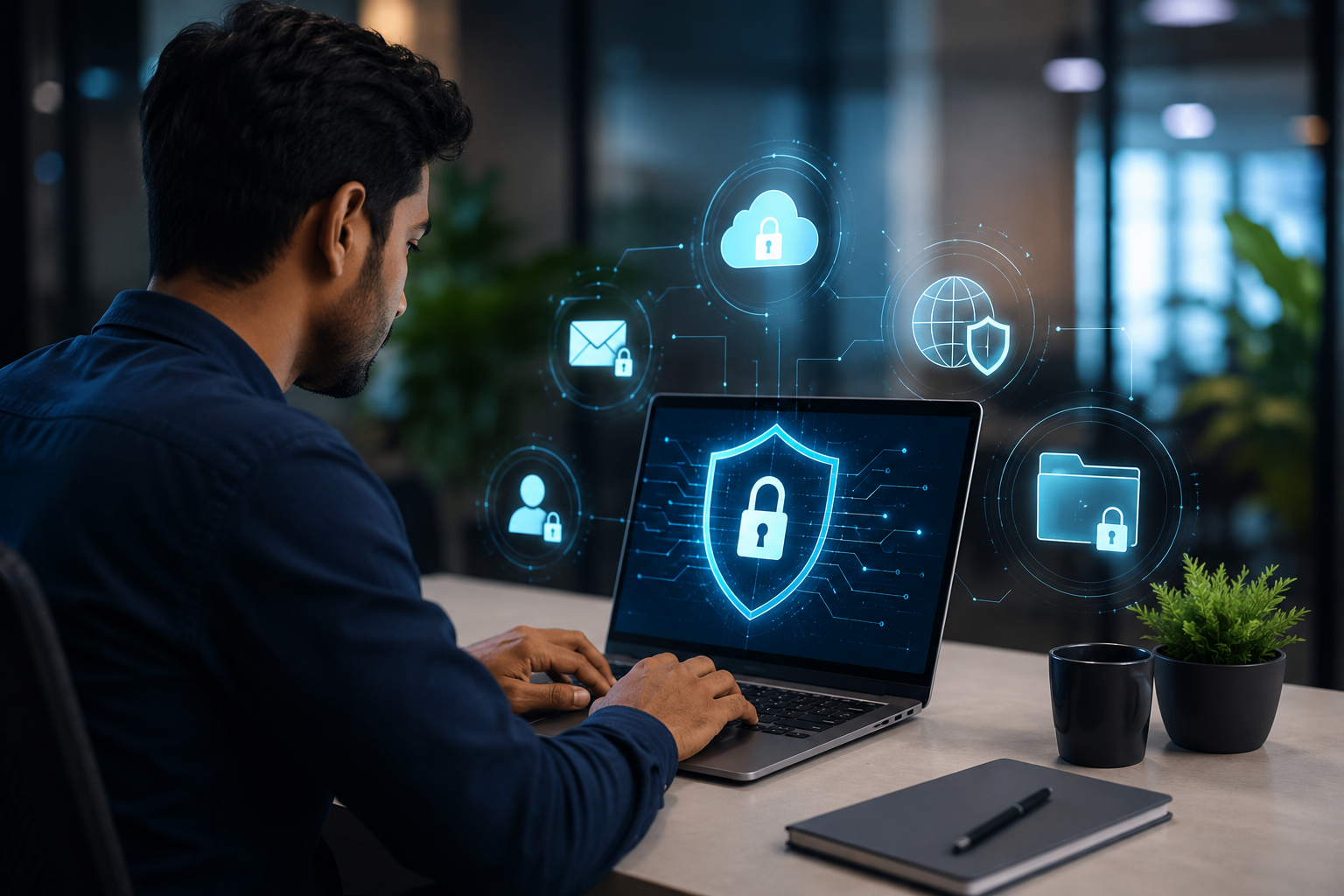 Cybersecurity concept illustration showing hacker, digital shield, and Kerala map representing cybersecurity companies in Kerala protecting businesses from cyber threats