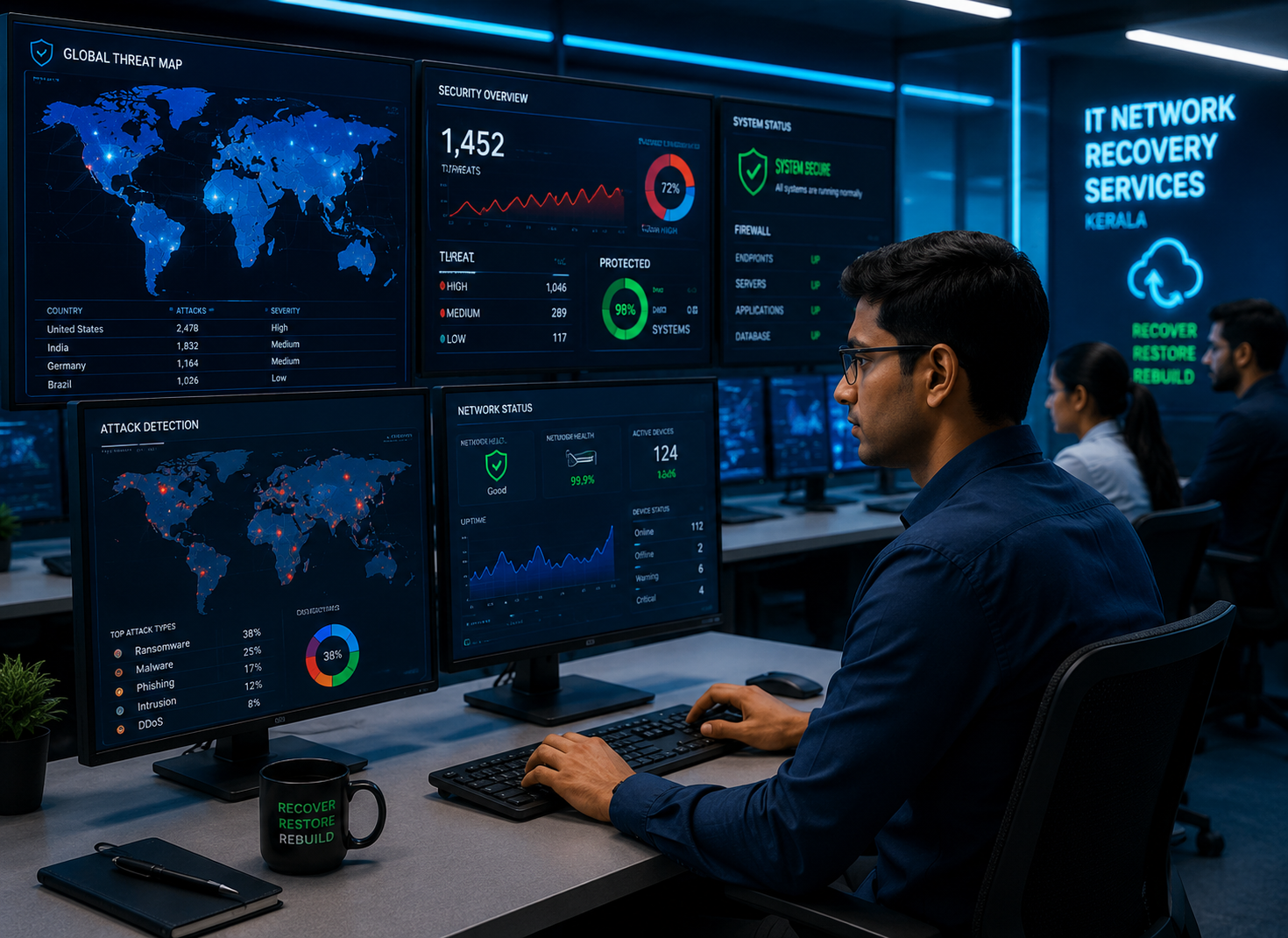 Cybersecurity experts monitoring real-time threat dashboards in a Kerala SOC for IT network recovery services in Kerala, ensuring fast incident response and secure recovery.